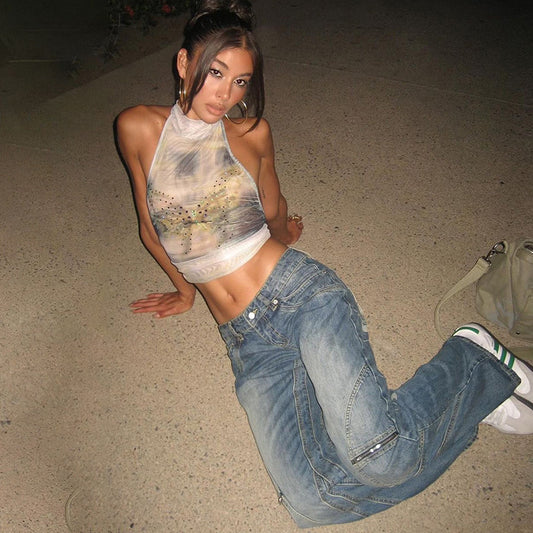 PRINTED MESH TIE BACK HALTER TOP