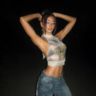 PRINTED MESH TIE BACK HALTER TOP