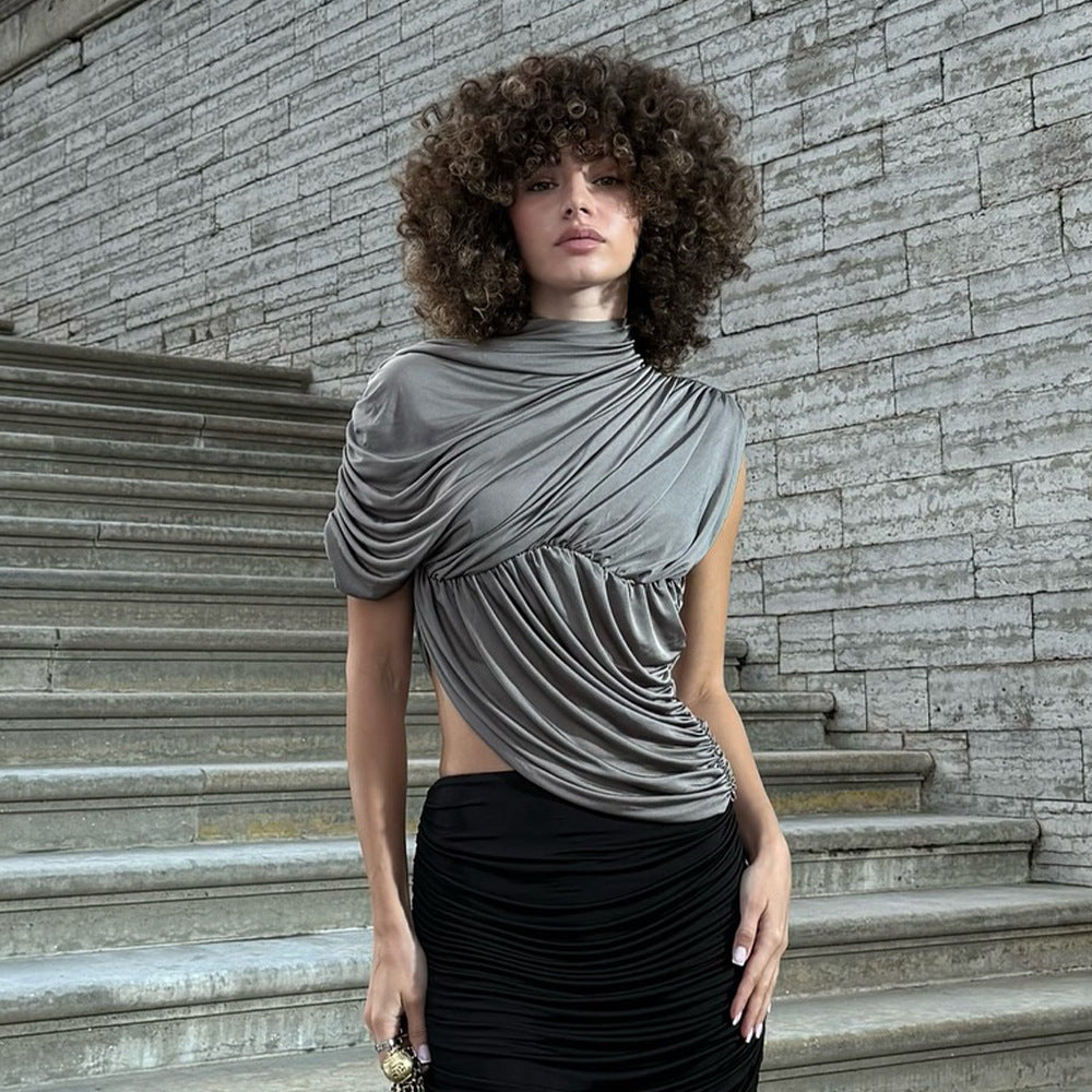 ELEGANT DRAPED MOCK NECK TOP SLEEK & SCULPTED FIT