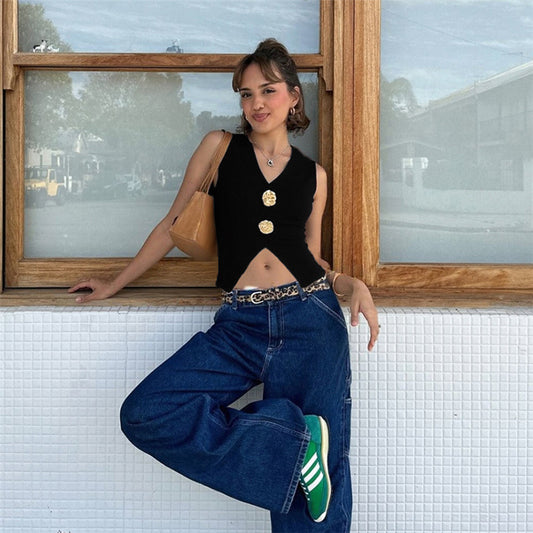 GOLD BUTTON V-CUT SLEEVELESS TOP STATEMENT MINIMALIST STYLE