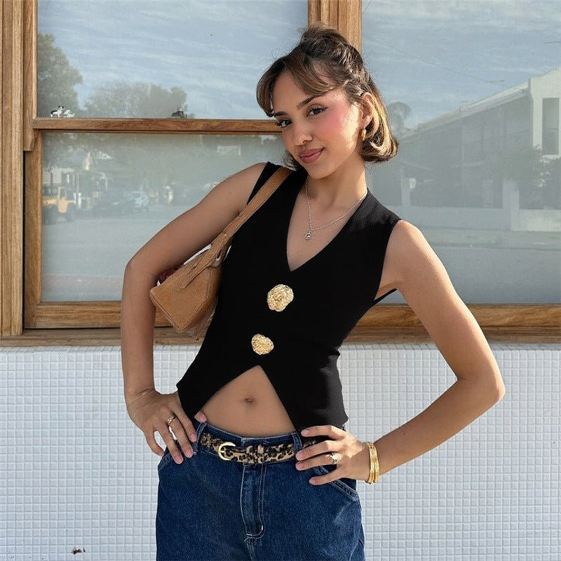 GOLD BUTTON V-CUT SLEEVELESS TOP STATEMENT MINIMALIST STYLE