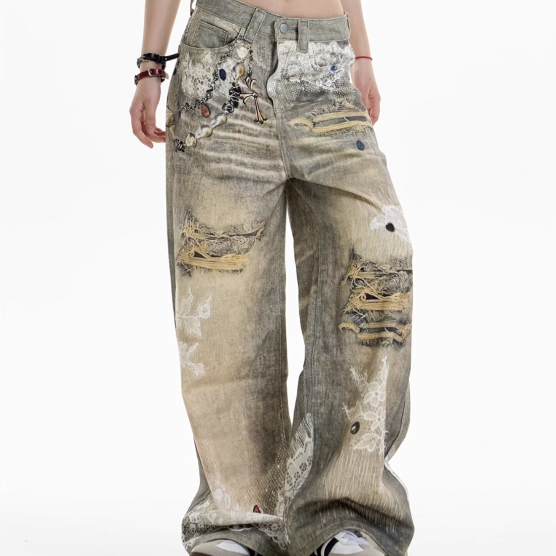 TRENDY DISTRESSED WIDE LEG DENIM PANTS