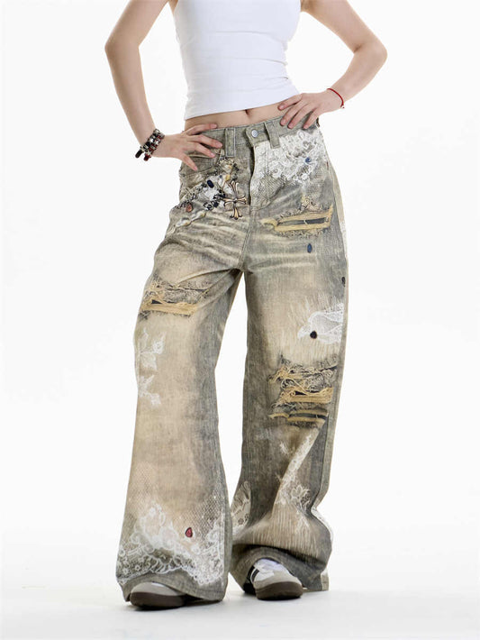 TRENDY DISTRESSED WIDE LEG DENIM PANTS