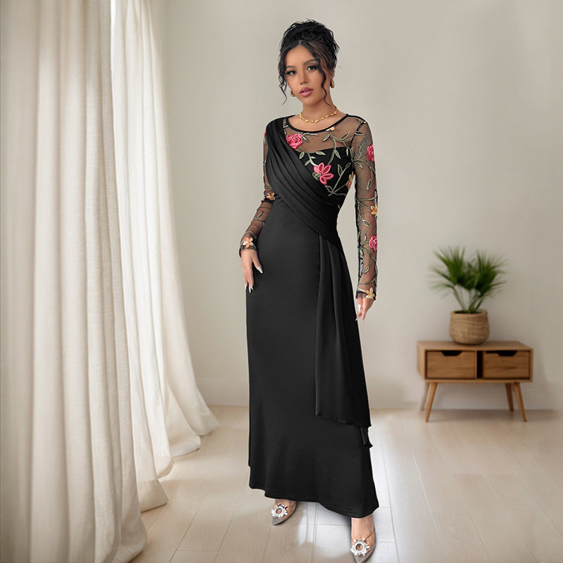 ELEGANT FLORAL MESH-OVERLAY DRESS