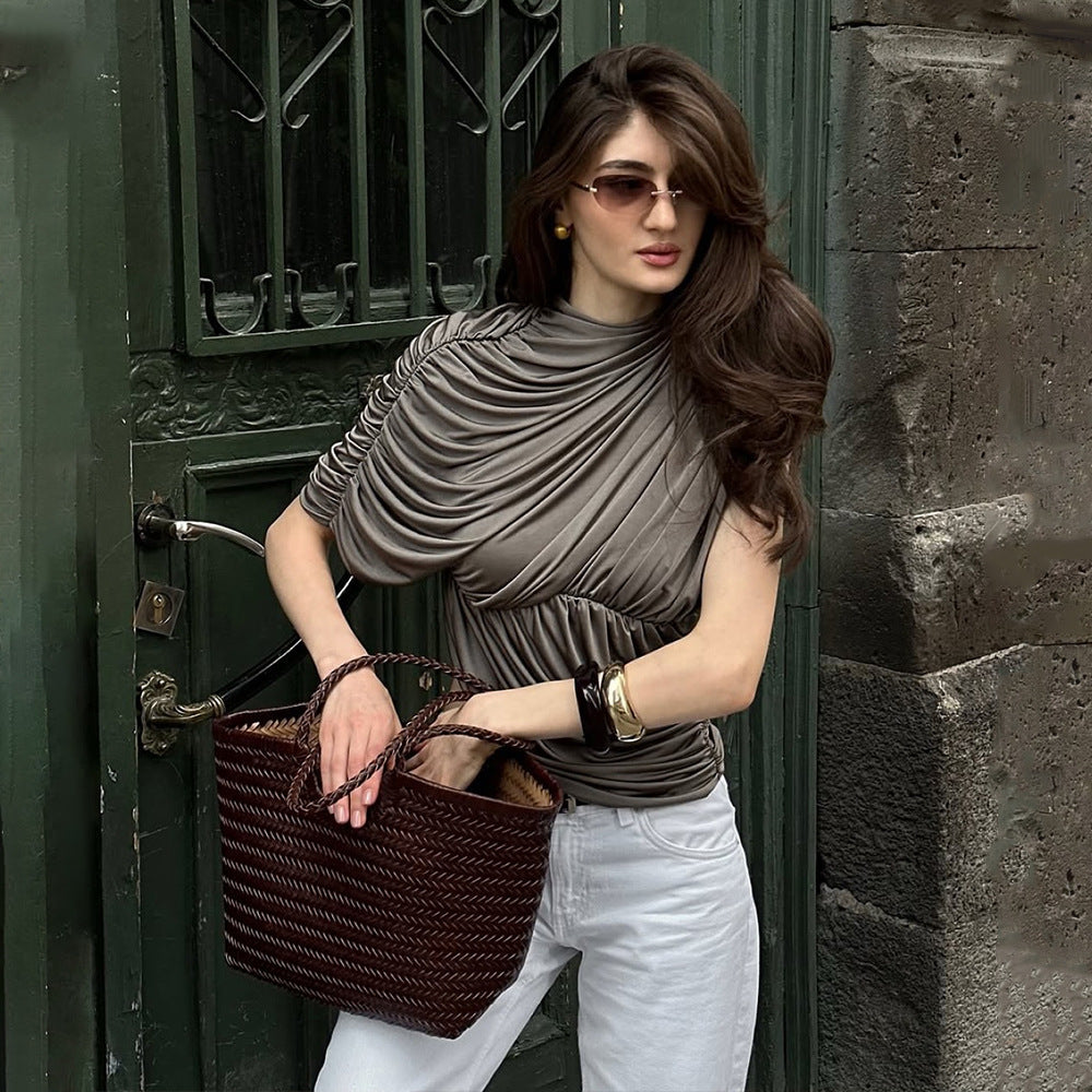 ELEGANT DRAPED MOCK NECK TOP SLEEK & SCULPTED FIT