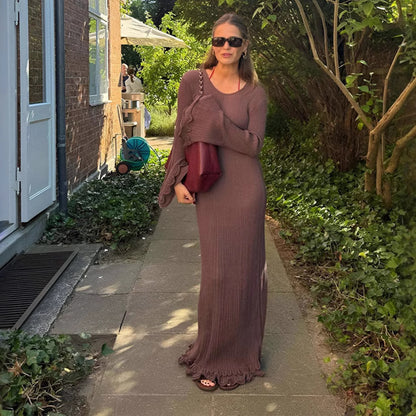 ELEGANT RIBBED KNIT FLOUNCE MAXI DRESS