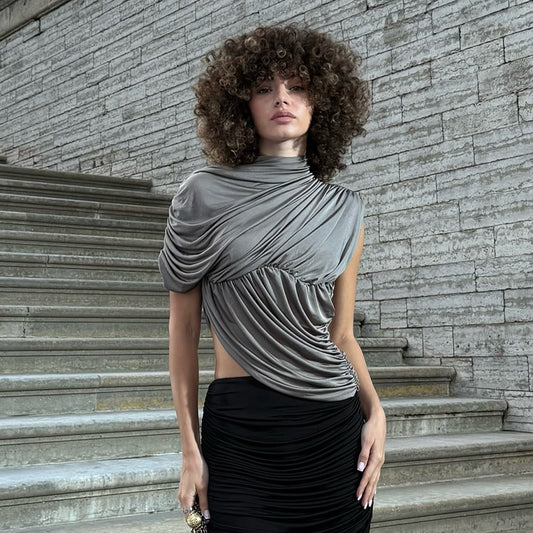 ELEGANT DRAPED MOCK NECK TOP SLEEK & SCULPTED FIT