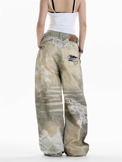 TRENDY DISTRESSED WIDE LEG DENIM PANTS