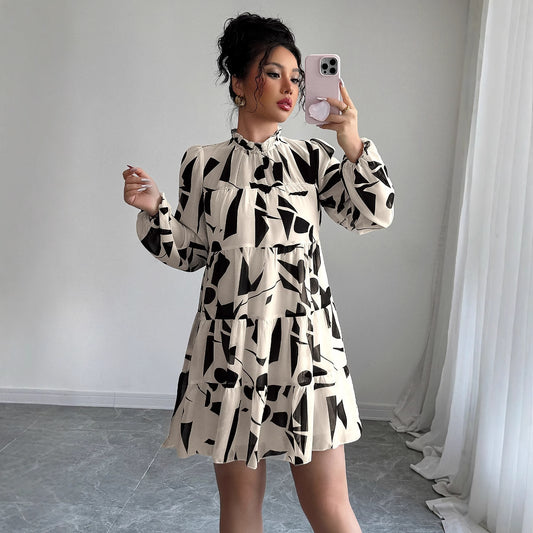 ELEGANT ABSTRACT PRINT LONG SLEEVE MINI DRESS