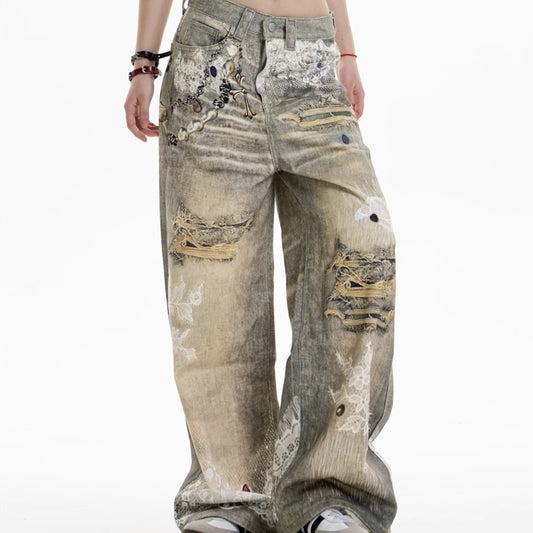 TRENDY DISTRESSED WIDE LEG DENIM PANTS
