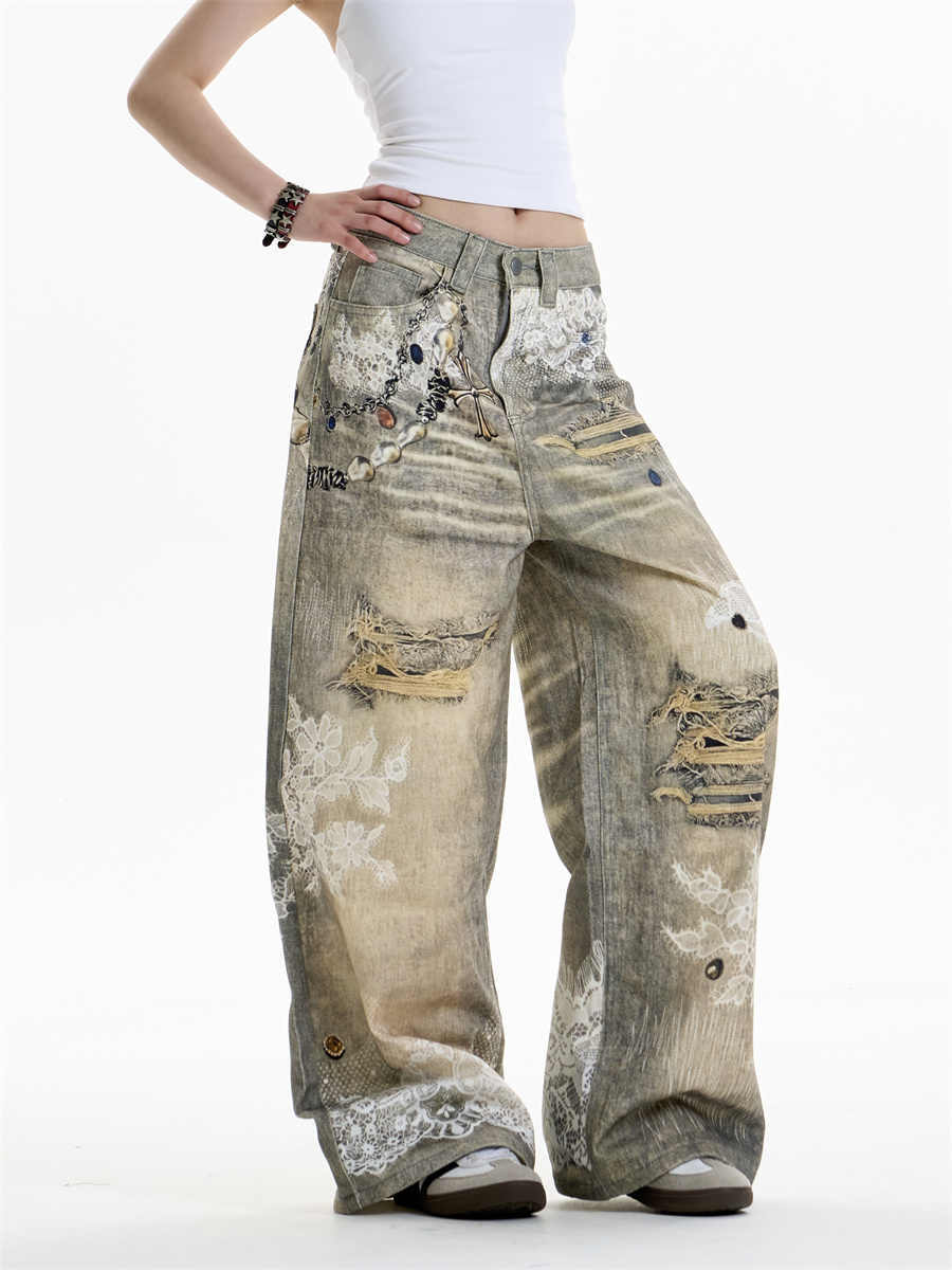 TRENDY DISTRESSED WIDE LEG DENIM PANTS