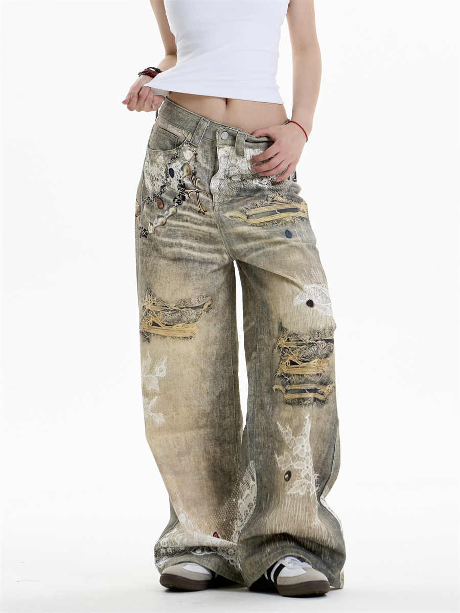 TRENDY DISTRESSED WIDE LEG DENIM PANTS